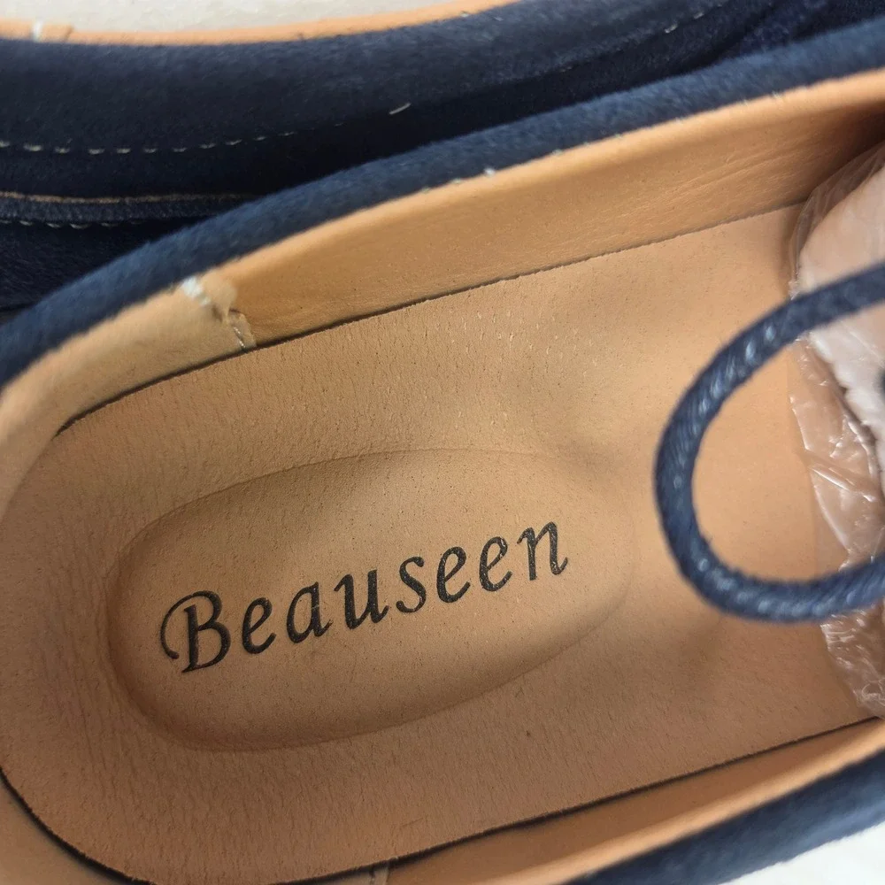 Beauseen Oxford Shoes Women 7.5 Navy Suede Platform Lug Sole Dark Academia